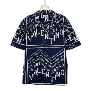 Valentino Navy & White Logo Print Cotton Shirt Size 15.5